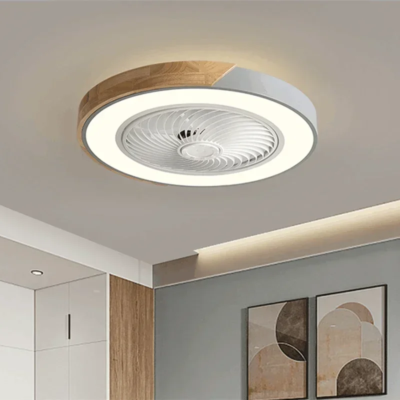 Round Quad Bedroom Ceiling Fan Low Floor Simple Wood Japaness Style Design Led Fans Lamp 110V 220V APP Remote Control Smart Fans