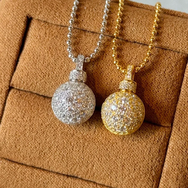 

100% 925 Sterling Silver Pave AAA Zircconia Frosted Round Ball Pendant Necklaces For Women Fine Jewelry