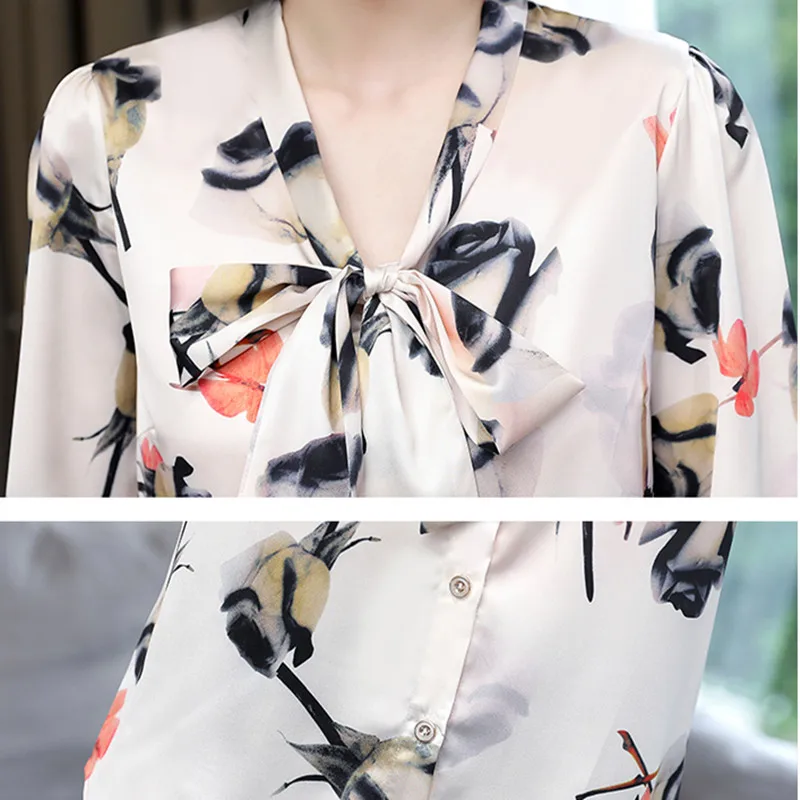 Fashion Silk Blouses Women Satin Print Blouse Women Long Sleeve Shirts Woman V-neck Silk Blouses Ladies Floral Blouse for Women