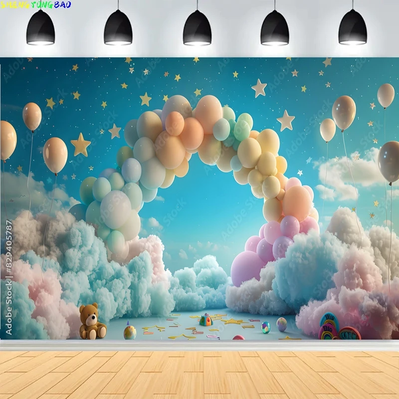 

Colorful Balloons Fluffy Clouds Twinkling Stars Photography Backdrops Kids Teddy Bear Birthday Party Photo Background CF-01