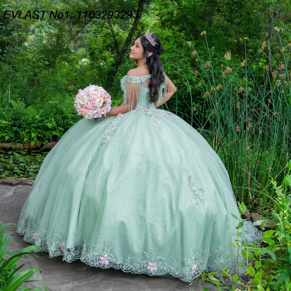 EVLAST Customized Shiny Mint Green Quinceanera Dress Ball Gown 3D Floral Applique Beading Sweet 16 Vestido De 15 Anos E1Q126
