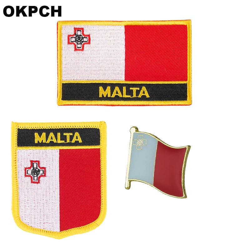 Parches bordados con plancha y bandera nacional de Malta para ropa, insignias de Metal PT0130-3