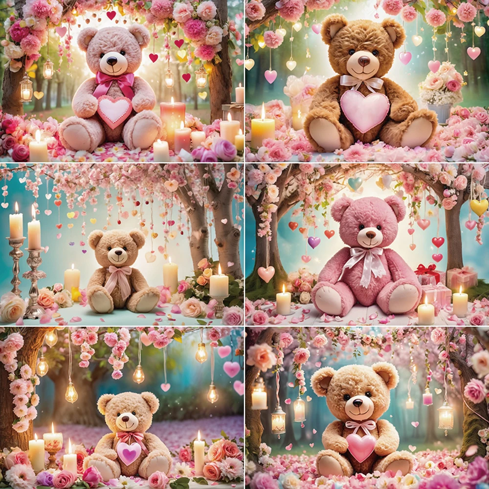 

MOON.QG Romantic Valentine'S Day Backdrop Photography Teddy Bear Candle Pink Photozone Background Child Studio Photozone Props