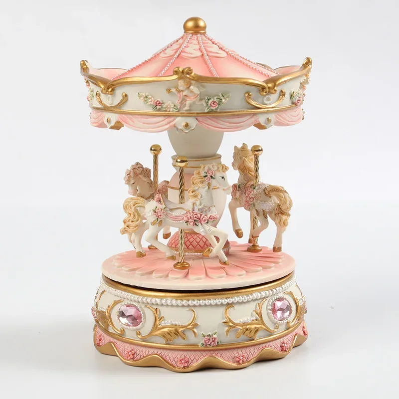 Flashing LED Light Carousel Resin Music Box Ornaments for Kids Birthday Wedding Gift Home Desktop Figurines Craft Decoration