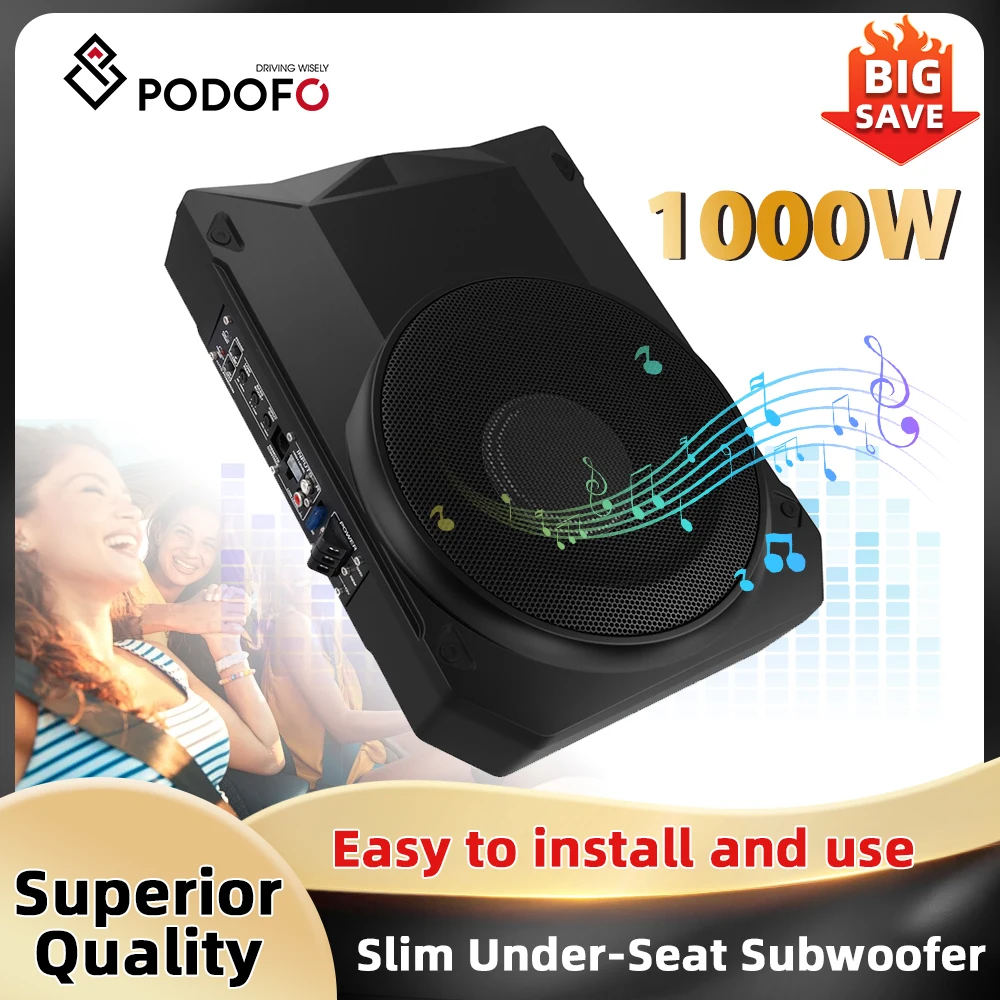 Podofo 10'' Universal Car Subwoofer 1000W Slim Under-Seat Subwoofer Auto Amplifier 20 Hz—200Hz 12V Automotive Audio Car Stereo Sound