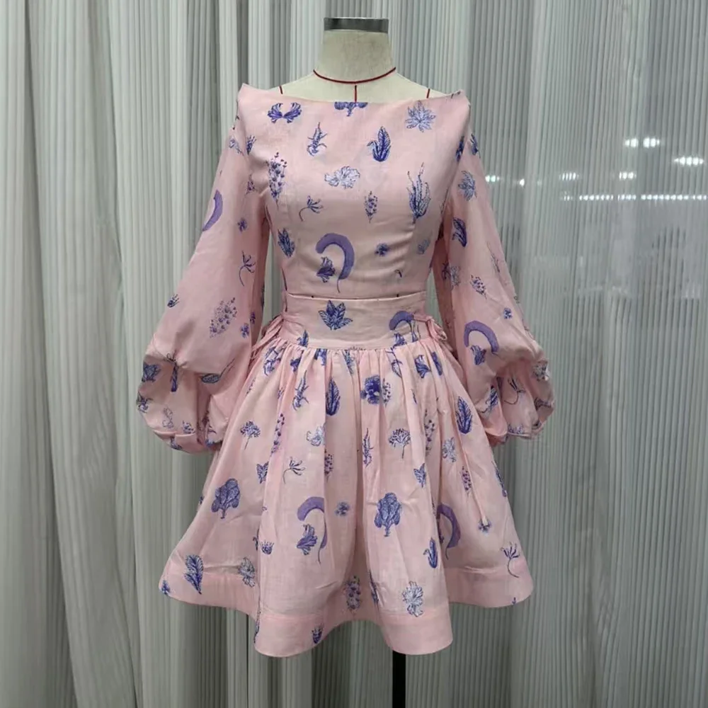 VGH Boho Printing Two Piece Sets for Women Slash Neck Lantern Sleeve Backless Top High Waist Mini Puff Skirt Suits Female New