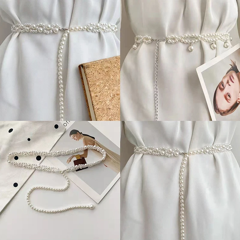 

Chic Pearls Waist Chain For Women Thin Belt Luxury Rhinestone Buckle Female Waistband Lady Dress Skirt Decoration Girdles Strap