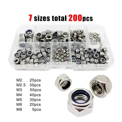 200pcs Hex Nylon Insert Self Lock Nut Nylock Locknut Assortment Kit Set M2 M2.5 M3 M4 M5 M6 M8