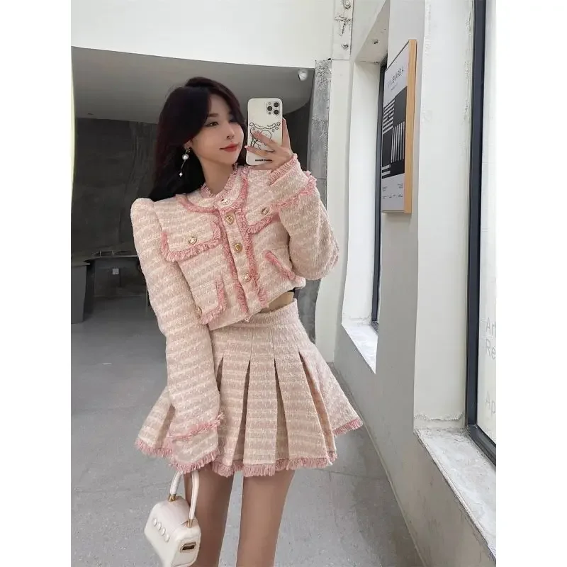 Small Fragrance Blue Tweed Coat Elegant Pink Tassel Jacket Short Pleated Skirts Woolen 2 Piece Sets Crop Blazers Tops Autumn