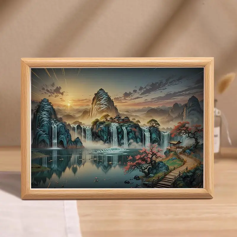 Pintura de estilo chinês, bela pintura de paisagem, moldura de foto de mesa, enfeites de mesa de estilo antigo, presentes de decoração