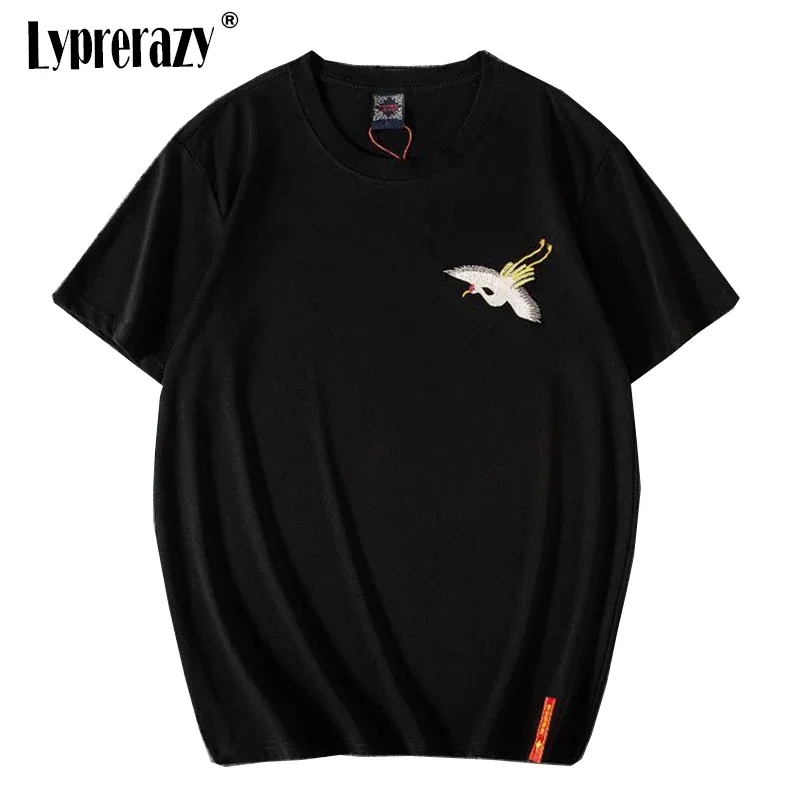 Lyprerazy Chinese Style Crane Embroidery Short-sleeved T-shirt Summer National Tide Cotton Loose Men's Tee Shirt