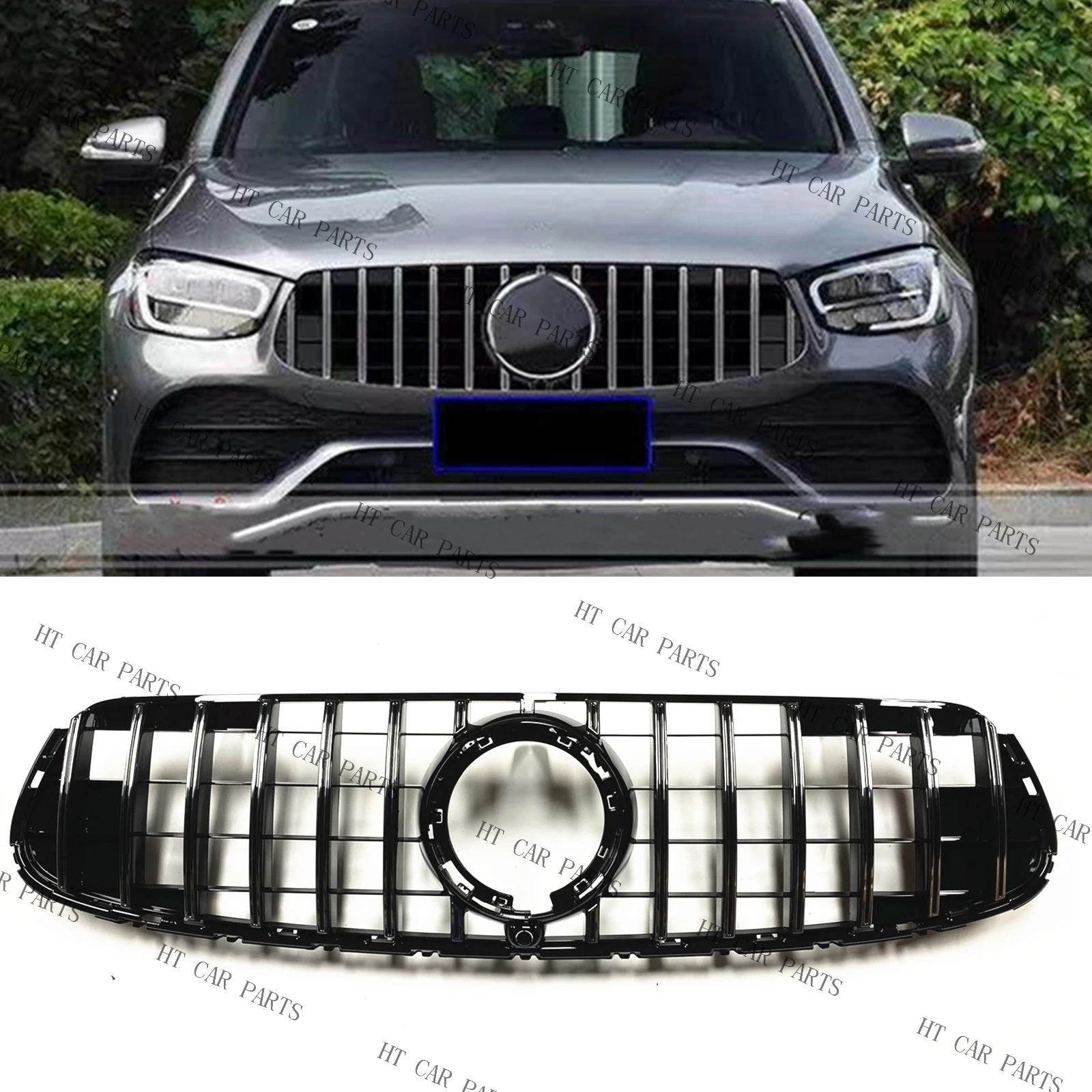 

For Mercedes Benz Facelift GLC Class X253 2020-2022 Sport Model 1PCS Glossy Black + Chrome Silver Front Bumper Grille Kit