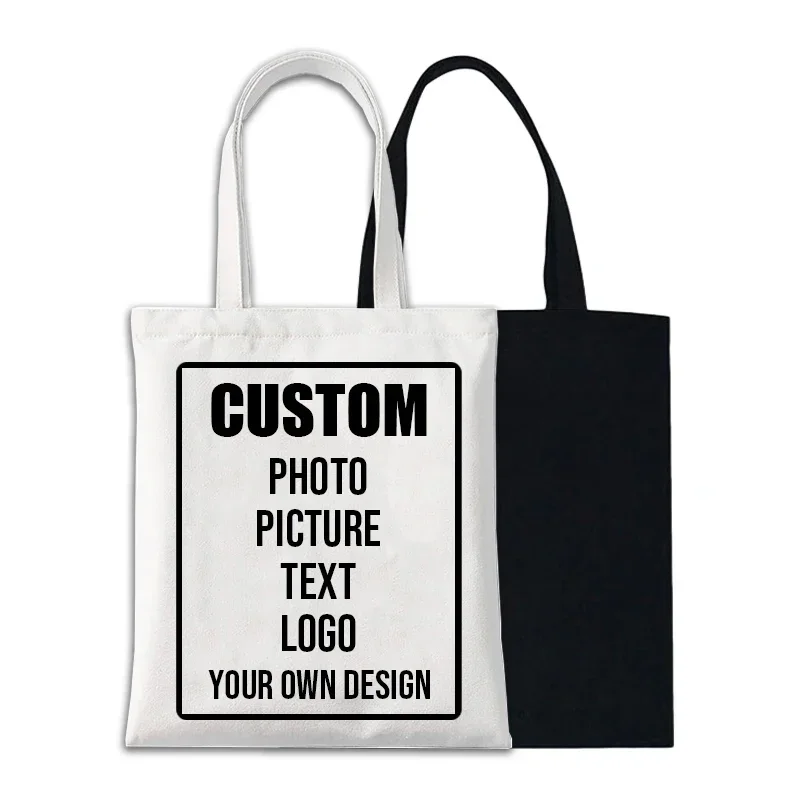 Custom Photo Picture Text Logo Tote Bag DIY Design Reusable Canvas Shopping Bag Handbag Side Bags for Ladies Low Price Wholesale