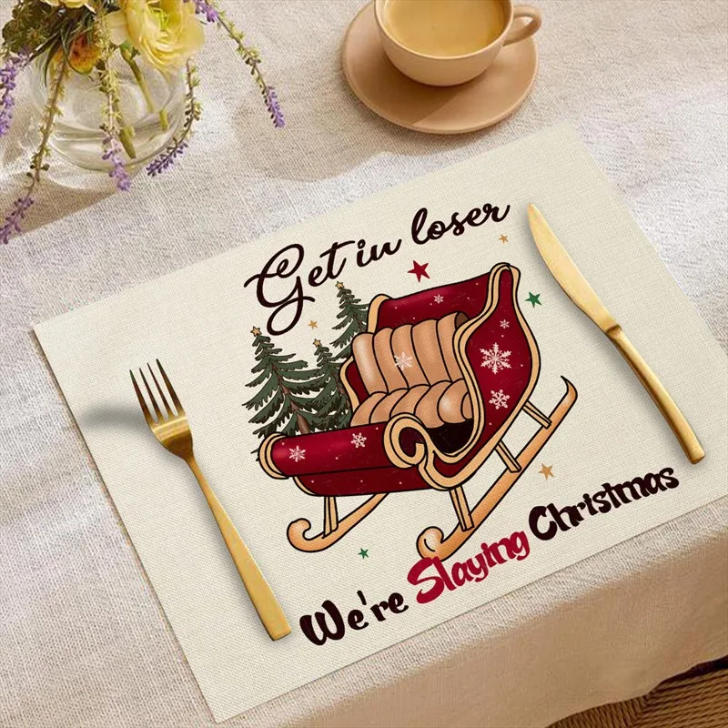 VIKAMA Linen Placemats Funny Reindeer Slogan, Cream Red Green, Stain Resistant Easy to Clean, Dining Table Rustic