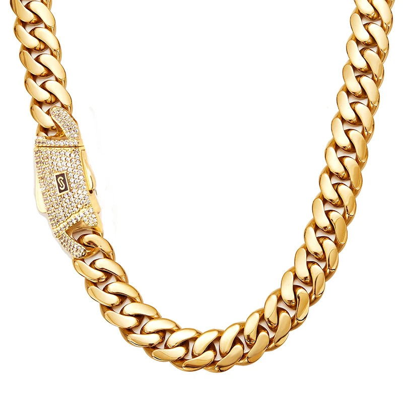 14mm Hip Hop Bling Ice Out Stainless Steel S Shape Logo Round Cuban Miami Link Chain Necklaces for Men Rapper jewelry Gold Color