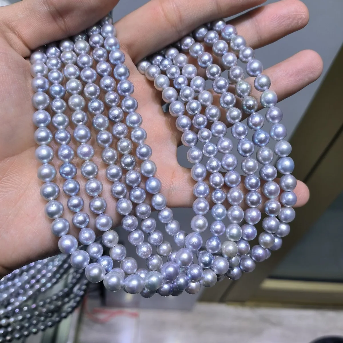 

6-7mm Natural Saltwater Akoya Silver Blue Pearl Necklace, Near Round Iridescent Luster Slight Blemishes, Elegant Pearl Jewelry