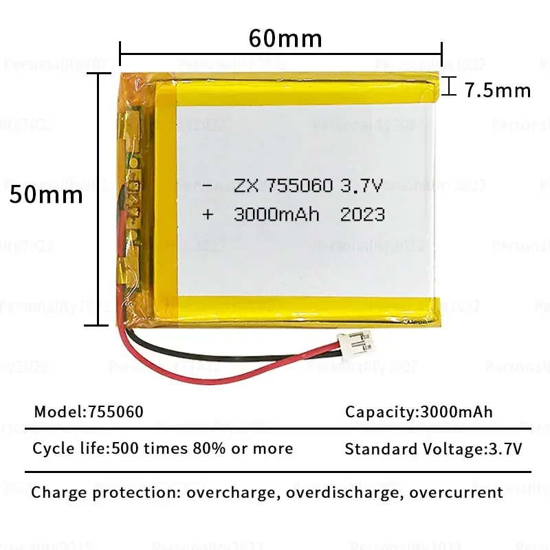 Baterias recarregáveis do polímero do lítio para o poder móvel Brinquedos Tablet Laptop Beleza Equipamentos médicos, 755060, 3.7V, 3000mAh