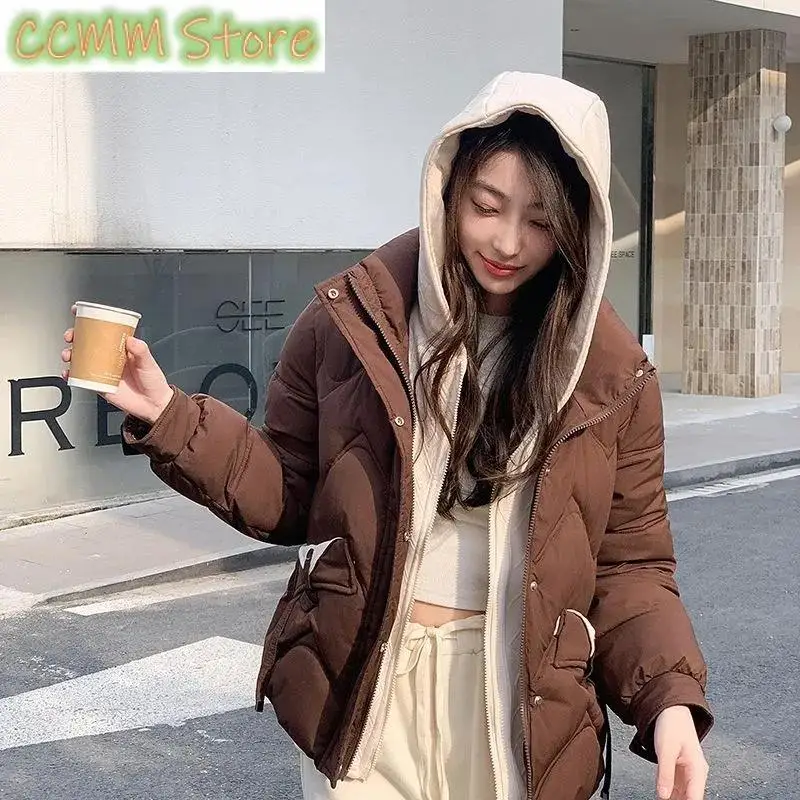 New Winter Fashion Parkas Fake two items Short Coats Women's Down Cotton Jacket Thick Hooded Tops Female Casual Outwear