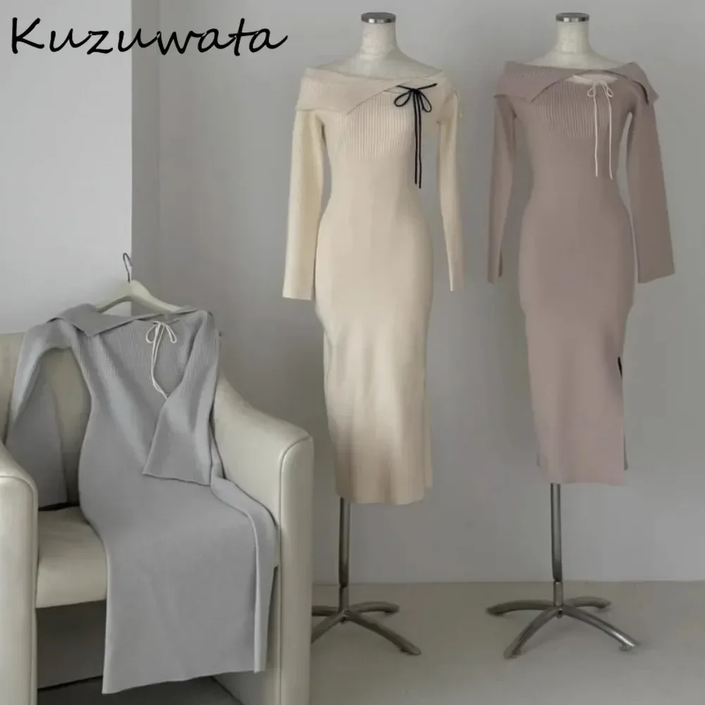 Kuzuwata Sexy French Spice Girls Trendy Vent Mujer Slim Turn-down Collar Off Shoulder Robe Japan Pure Desire Elegant Knit Dress