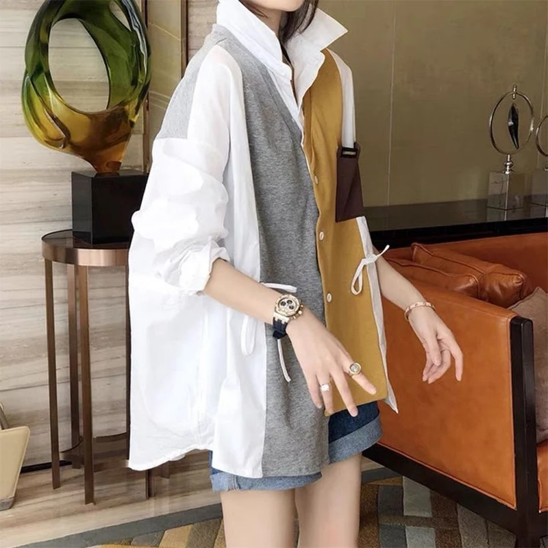 Spring Autumn Streetwear Patchwork Irregular Loose Casual Buttons Shirt Women Trend Fashion All-match Blouse Female Cardigan Top