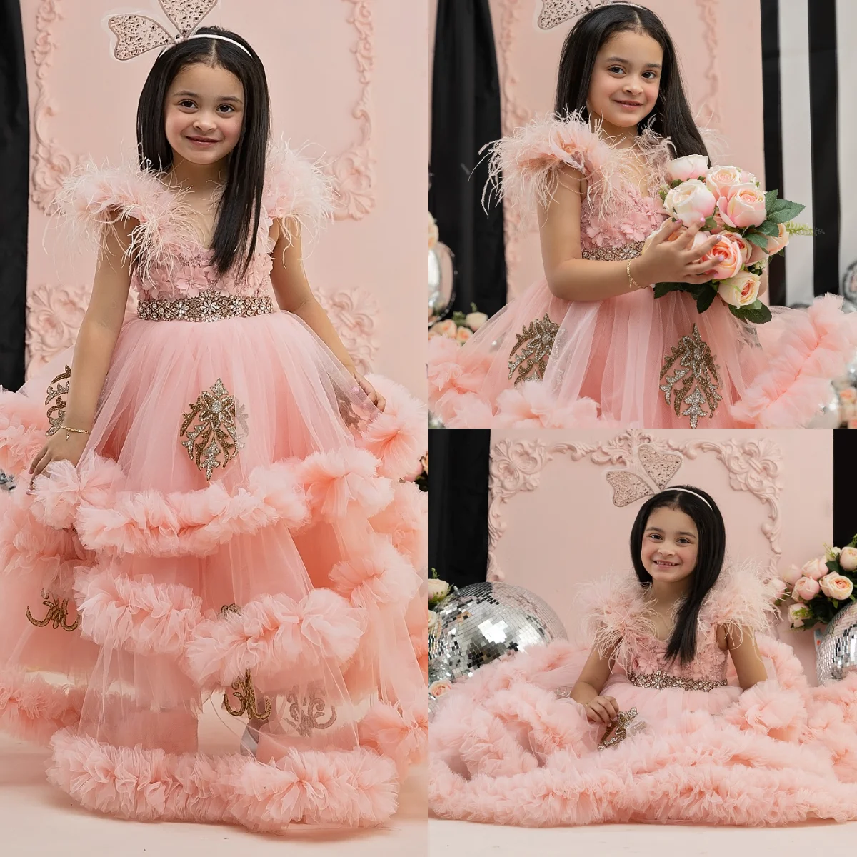 Pink Feather Girls Birthday Party Dresses Layered Ruffles Flower Girl Dresses Kids Children Ball Gown Princess Dress Customized