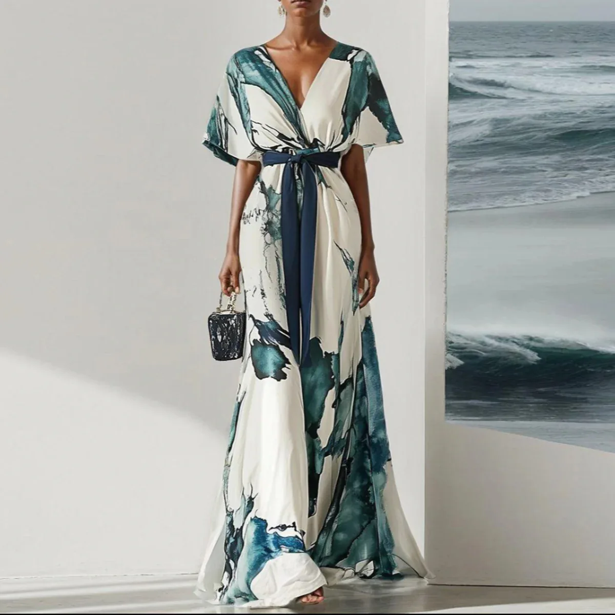 

European and American Women's Clothing V-neck Digital Printing, String Short Sleeves, Long Dress