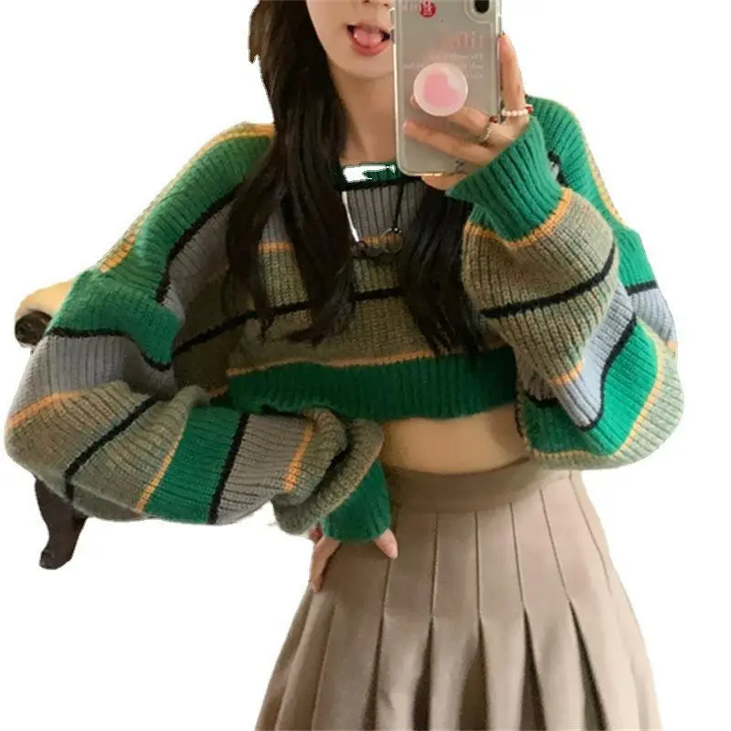 

Укороченный топ Y2K, свитер 2025 г., цветные блоки и полосатые ребристые талии, уличная одежда с милой осенним настроением, легкая повседневная одежда для выхода в свет