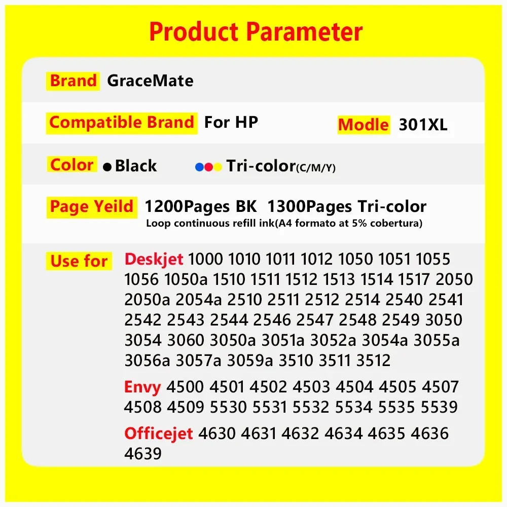 301XL Cartridge Replacement for HP 301 XL Hp301 for HP Deskjet 2540 2541 2542 2543 2544 2546 1000 1010 1011 Envy 5530 Printer