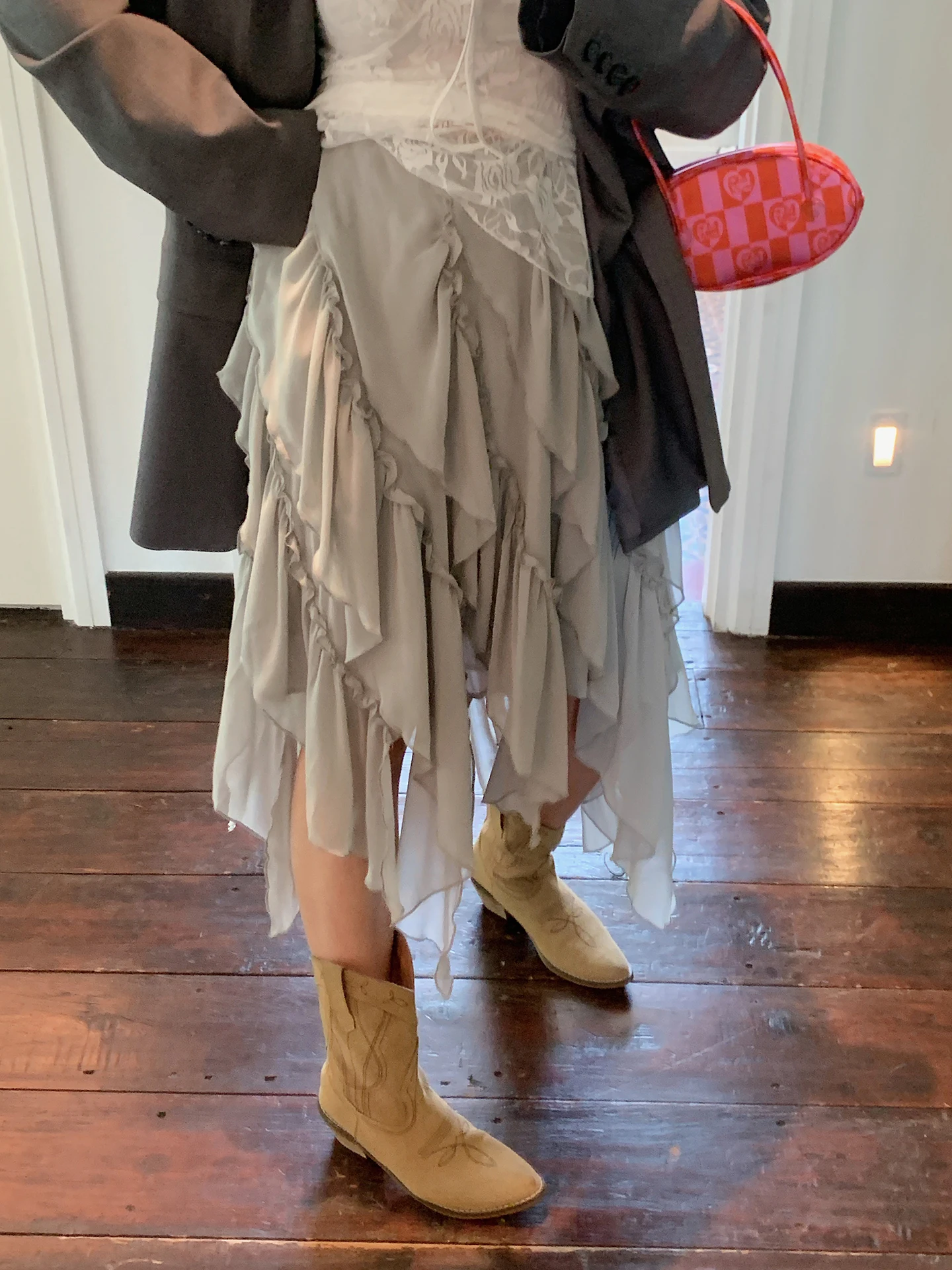 

Flowing Asymmetrical Skirt Women's Autumn plus Size Concealing Belly Fairy Skirt Casual Sle High Waist Polyester Fabric