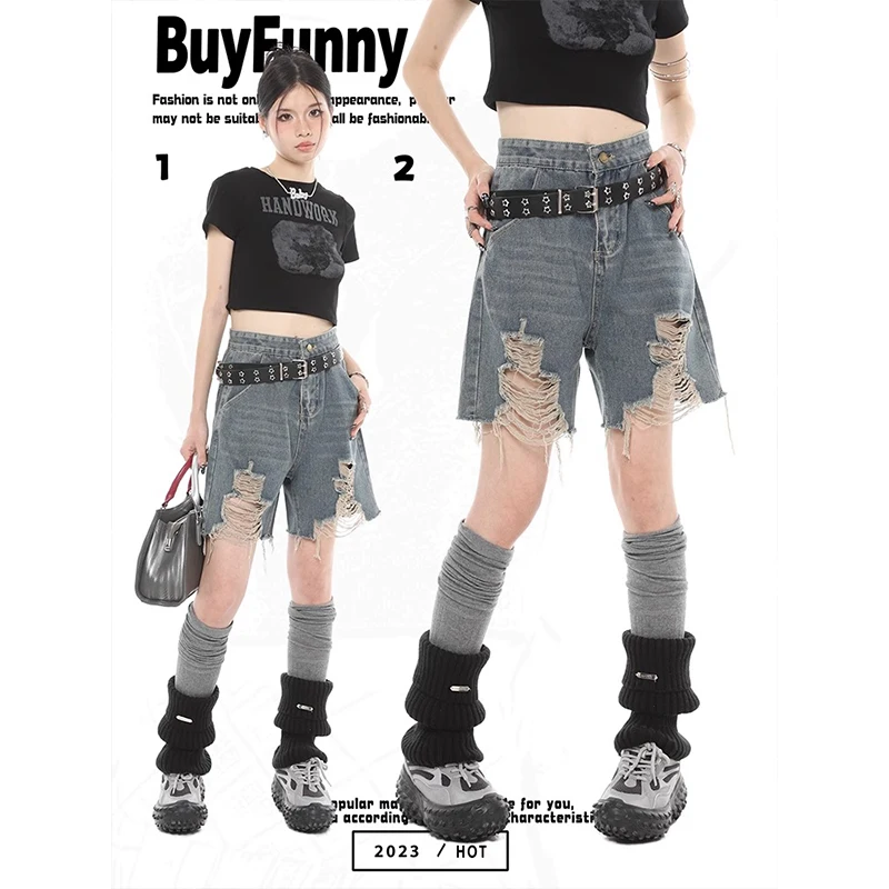 

90S Vintage Shorts Women Ripped Streetwear Personality Y2K Denim Summer Female Casual New High Waist Korean Style Fashion Loose