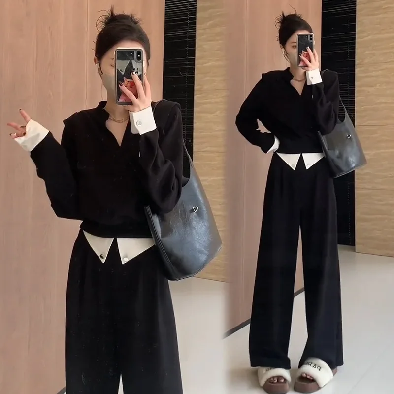 Autumn Women Fashion Sports Suit Korean V-neck Long-sleeved Short Tops Sweatshirt High-waisted Loose Pants 2pcs Matching Set