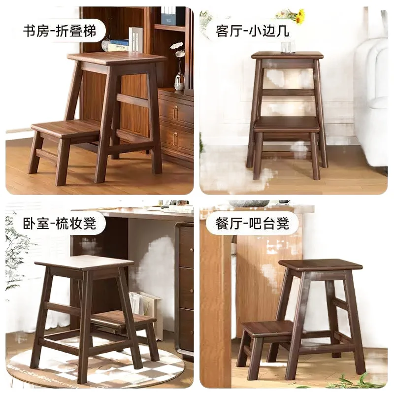 مقعد سلم من الخشب الصلب، سلالم تسلق سميكة قابلة للطي، متعرجة، متعددة الوظائف