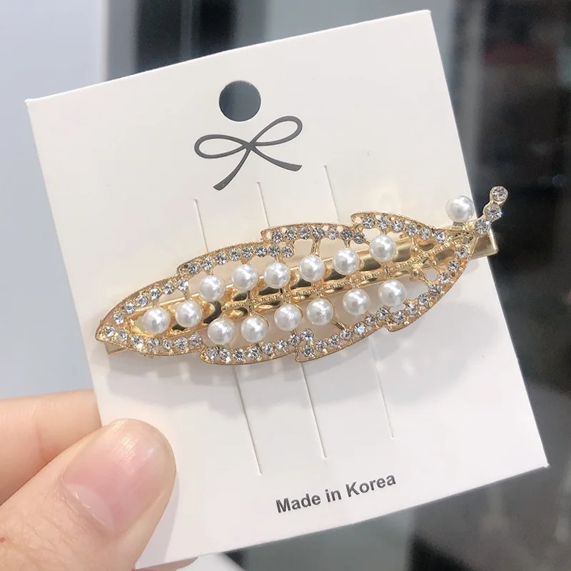 Hair Clips Trend Leaf Feather Barrettes for Women Crystal Pearl Alligator Hairpin Headwear Fashion Hair Accessories Jewelry Gift