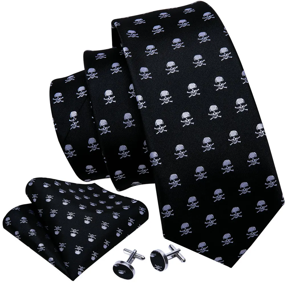 Black Skull Pattern Men Tie High Quality Silk Woven Pocket Square Cufflinks Sets Business Party Gifts Barry.Wang Designer 5326