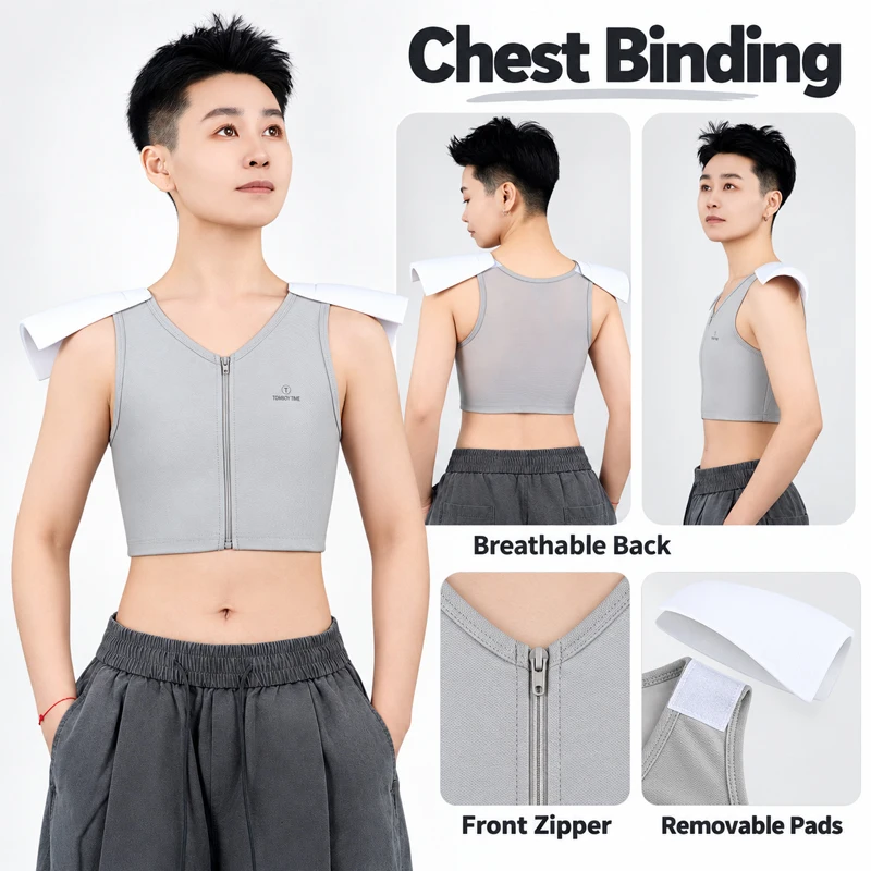Seamless Cosplay Zipper Chest Binder Tomboy Women Sports Bra Super Flat Shapewear Corset Underwear Detachable Wide Shoulder Pads