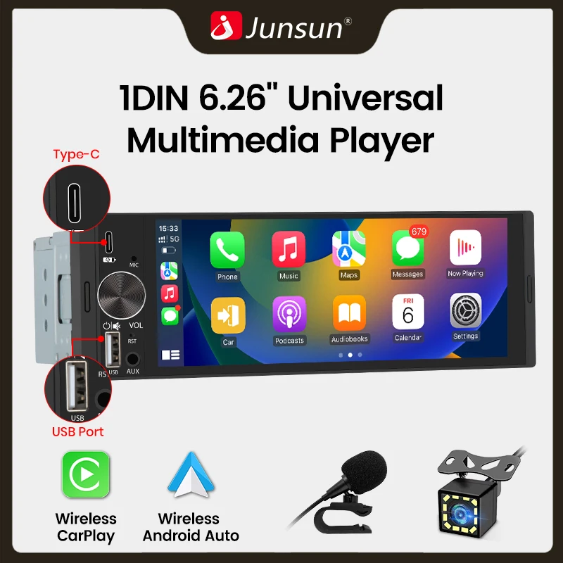 

Junsun 6,26 "Универсальный беспроводной Carplay Android Auto автомобильный мультимедийный плеер с разъемом USB Type-C MP5-плеер FM BT автомобильная стереосистема