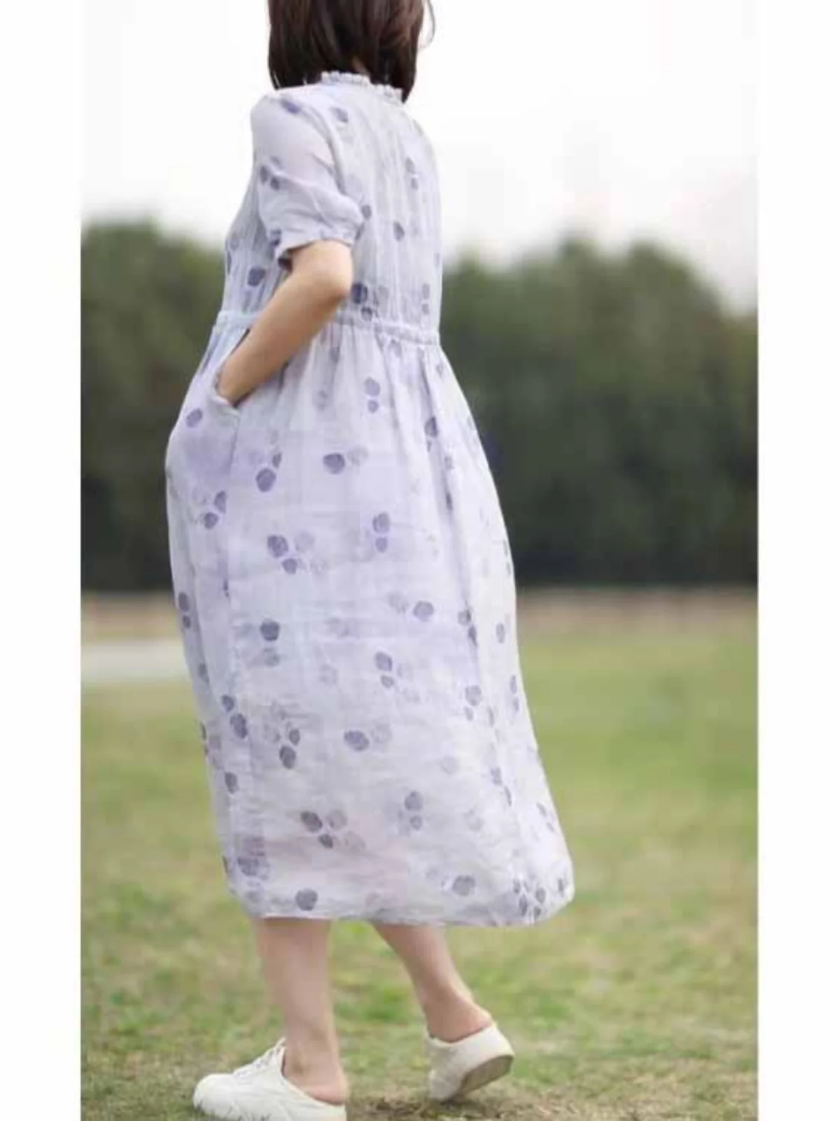 مكافحة الشيخوخة الأزهار طباعة الكتان ort Sve ميدي الدكتور الصيف فضفاض Gored Netie الخصر التخسيس ألف خط تنورة للشابات