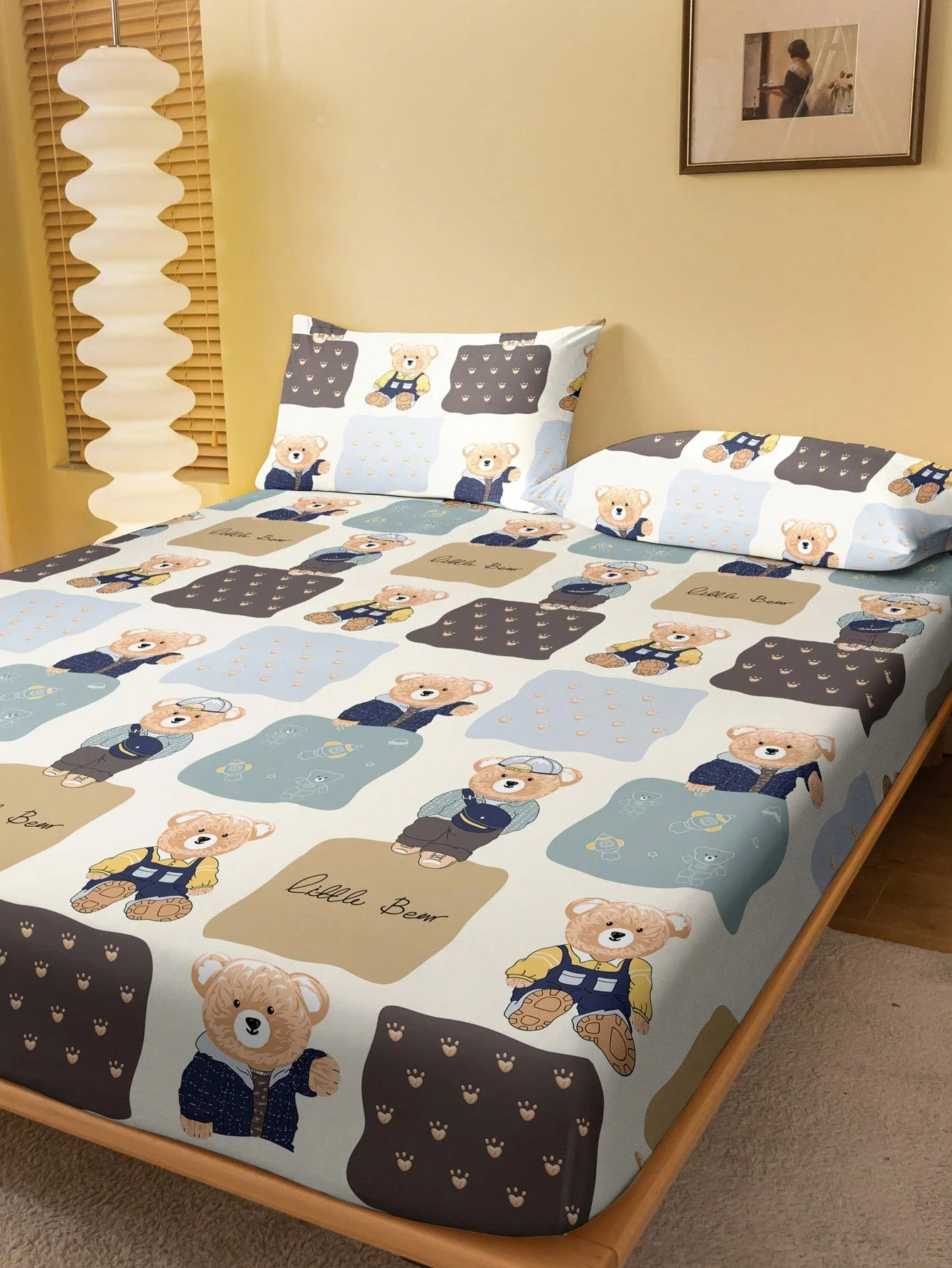3pcs Fitted Sheet Sets Cartoon Bear And Plaid Element Pattern Print Flat Sheet With 2 Pillowcases Gifts For Kids Children Room