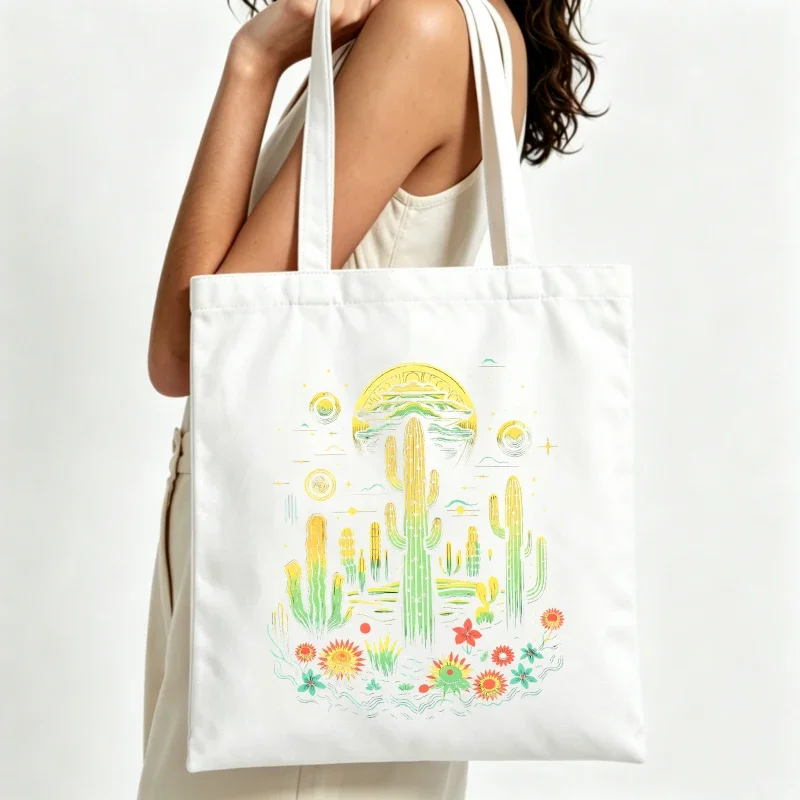 Women's cactus and sun graphic canvas tote bag, artistic print for casual summer outings and daily shopping
