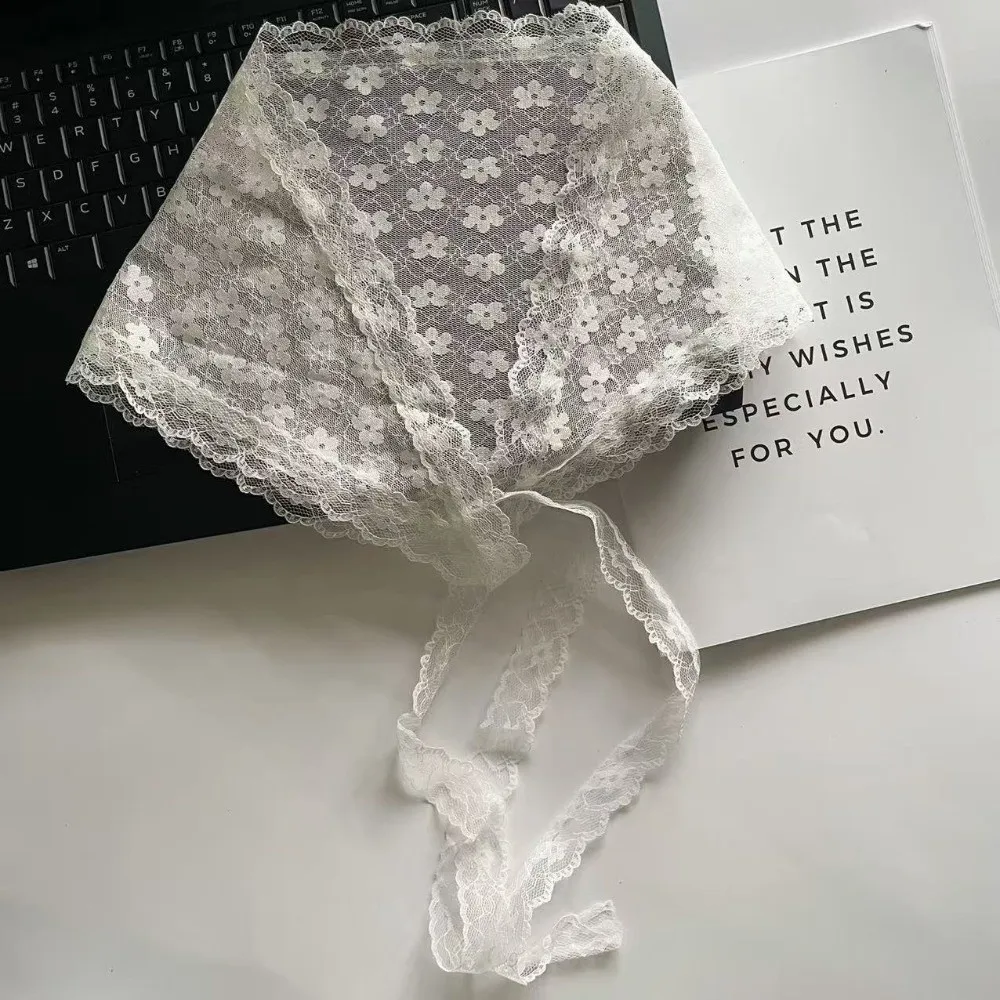 

Fashion White Woven Floral Lace Hair Scarf Wraps Breathable Sweet Lace Hair Accessories Retro Print Hair Bandana Photo