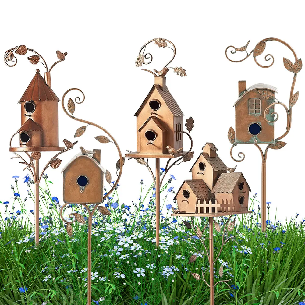 Birdhouse Garden Stakes Metal Bird House with Pole Garden Outdoor Metal Birdhouse Decoration for Outdoor Yard Garden Decor