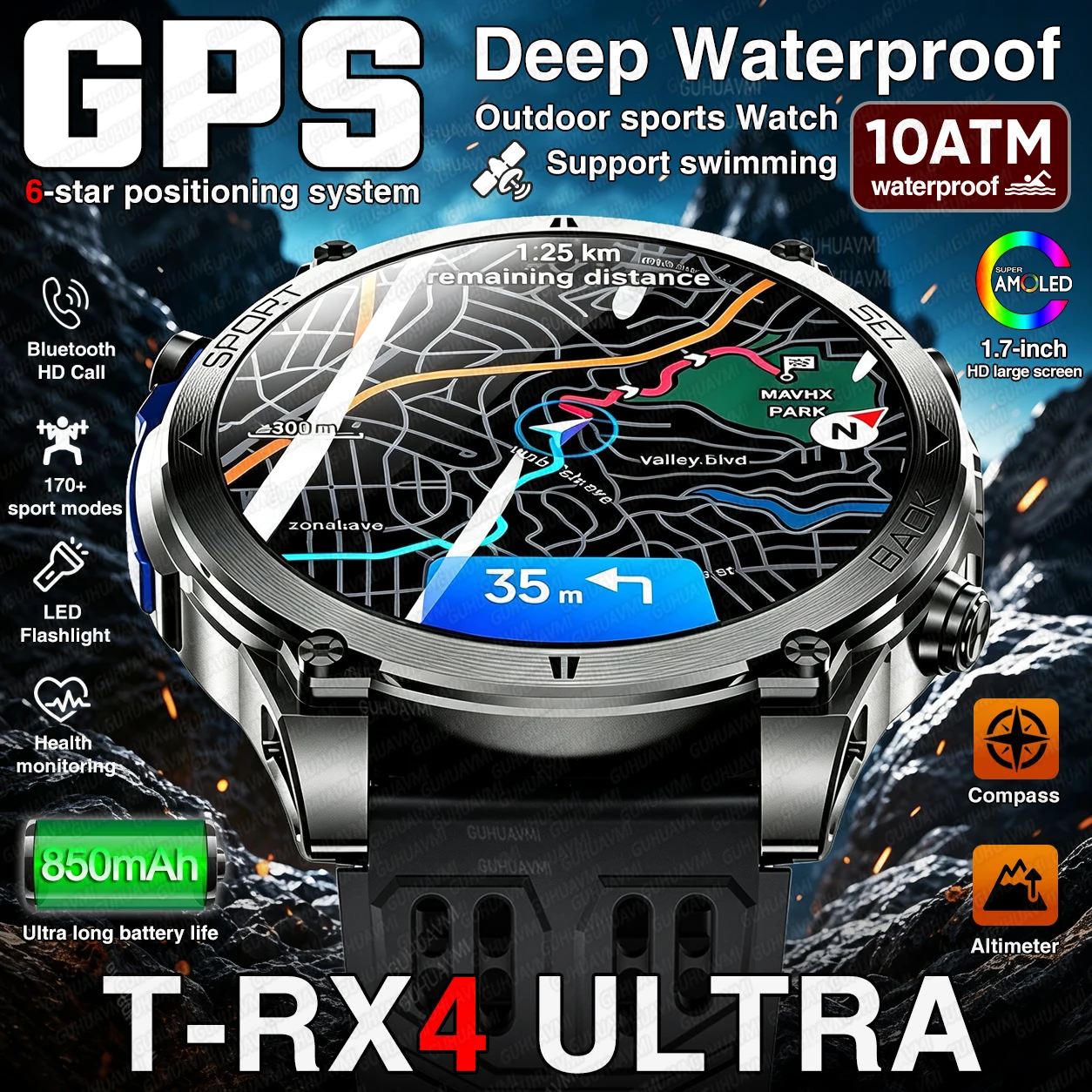 Reloj Inteligente T-RX4 Ultra GPS para Exteriores, Militar, para Hombre, Pantalla AMOLED de 1.7'', Brújula, Resistente al Agua 10ATM