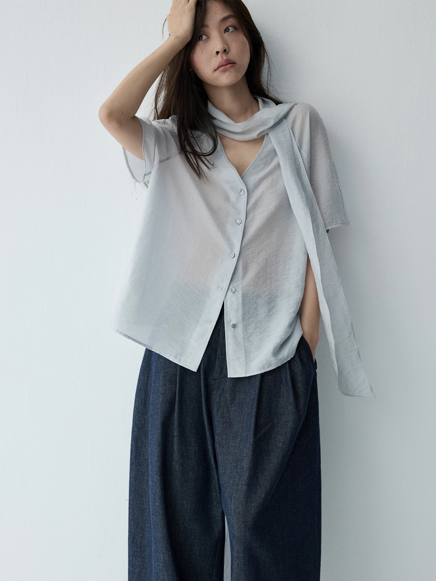 

HaveRice Restaurant Style Double-Sided Wear V-Neck Sash Short Sleeve Shirt Casual Loose Fit Women's Breathable Summer Shirt