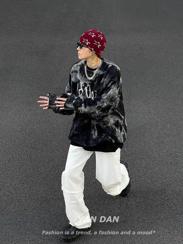 Gothic punk Men's knitting sweater Retro Tie Dye Gradient Knit Sweater Black Street Style Hip Hop Fashionable Pullover Outerwear