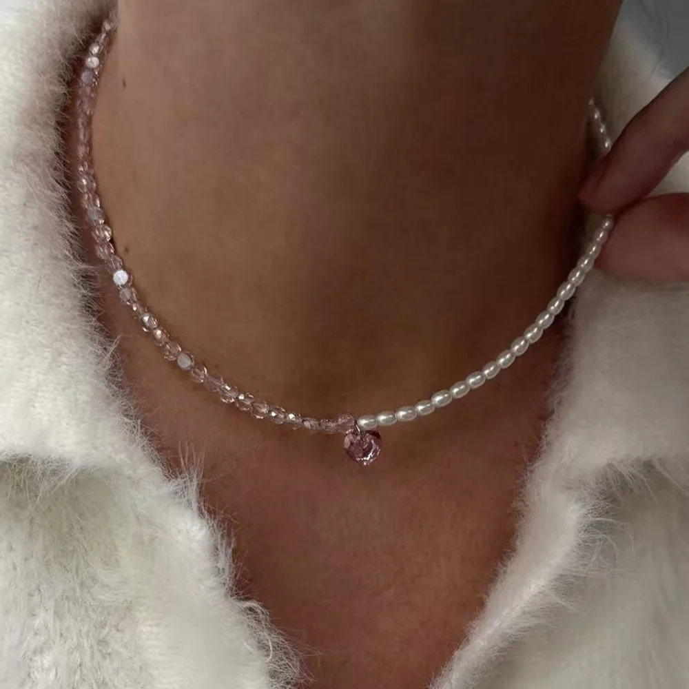 Fashion Crystal Red Heart &Chain Pendant Necklace For Women Boho Barlotte Imitation Pearl Chain Jewelry Valentine's Gift N0535