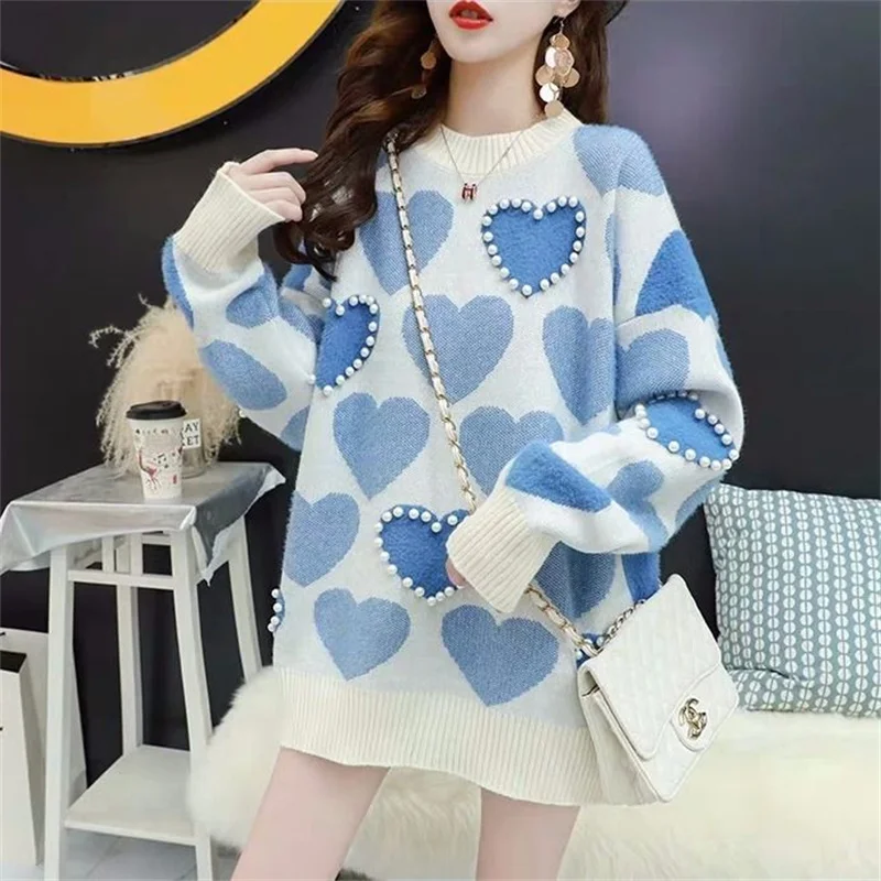 Spring Autumn New Korean Beaded Heart Printing Knitting Sweater Women Pullover Tops Korean Casual Long Sleeve Female Knit Jumper