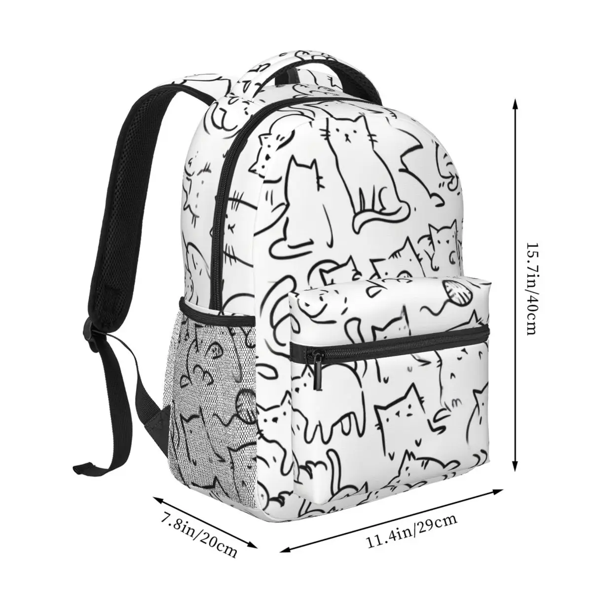 Aesthetic Animal Student Backpack Allover Cat Doodle Whimsical Sketch Pure White Ink Black Streetwear Bookbag for Teens College