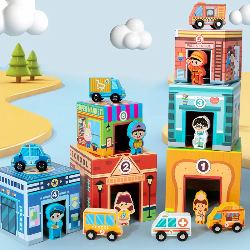 

Wooden City Playset With Vehicles And Character Building Blocks Kids Early Education Educational Toys City Building Blocks