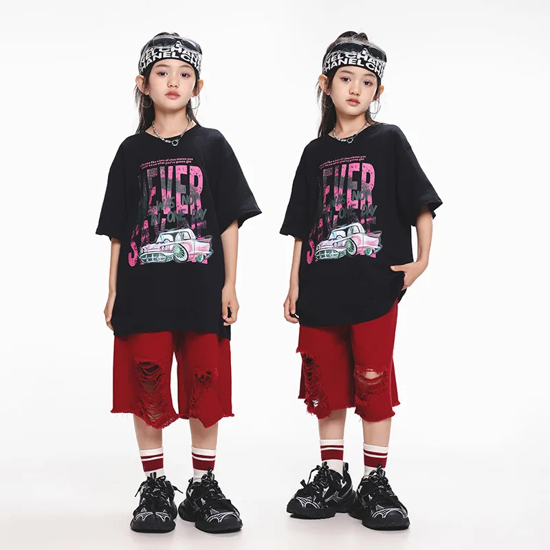 Fashion Girls Streetwear Hip Hop Costume Black Letter Print T Shirt Casual Shorts Teenagers Group Jazz Dance Stage Clothing Sets