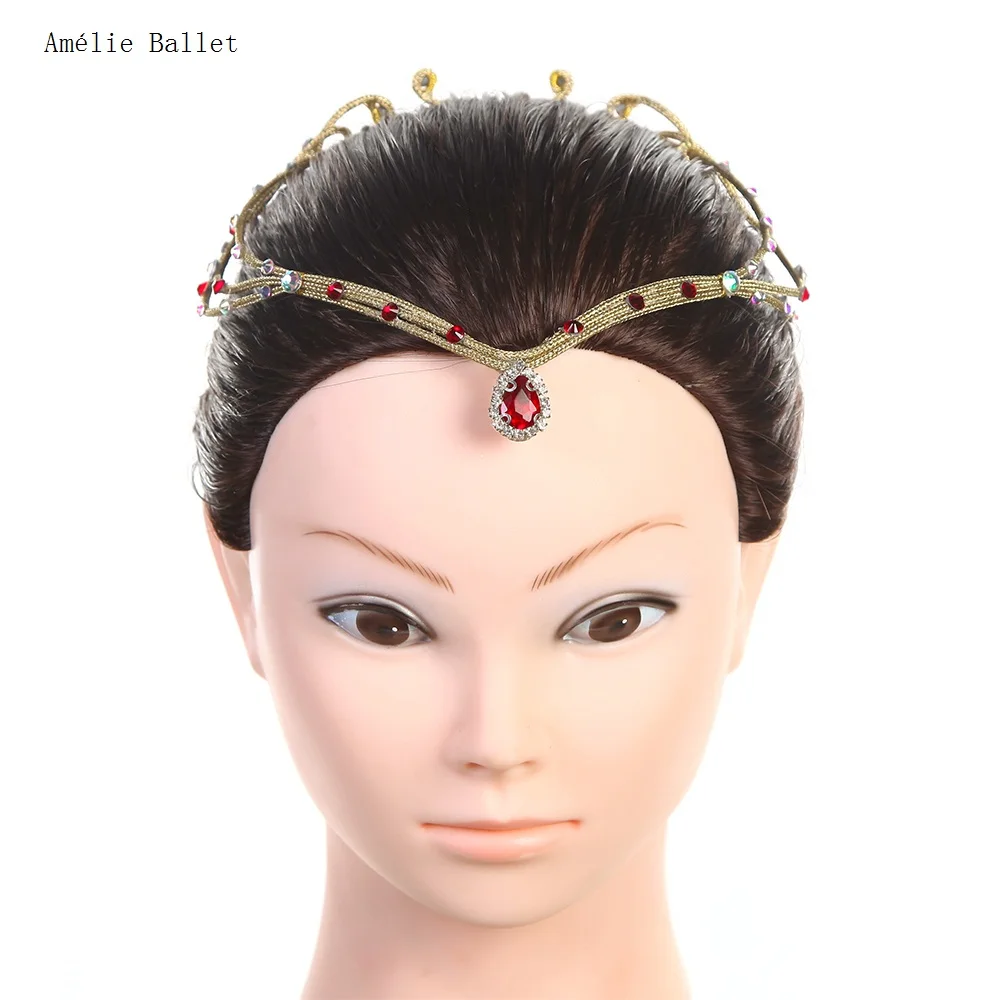 HB041 Free Shipping Gold Crown with Red Stones Ballet Dancing Tiara Hair Accessories Girls Headdress Sequin Head Wear Hairwear